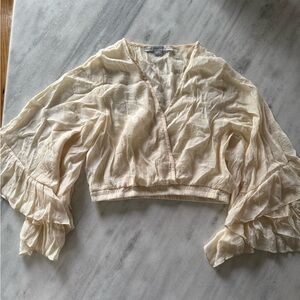 HYFVE Cream Ruffled 3/4 Sleeve Crop Blouse